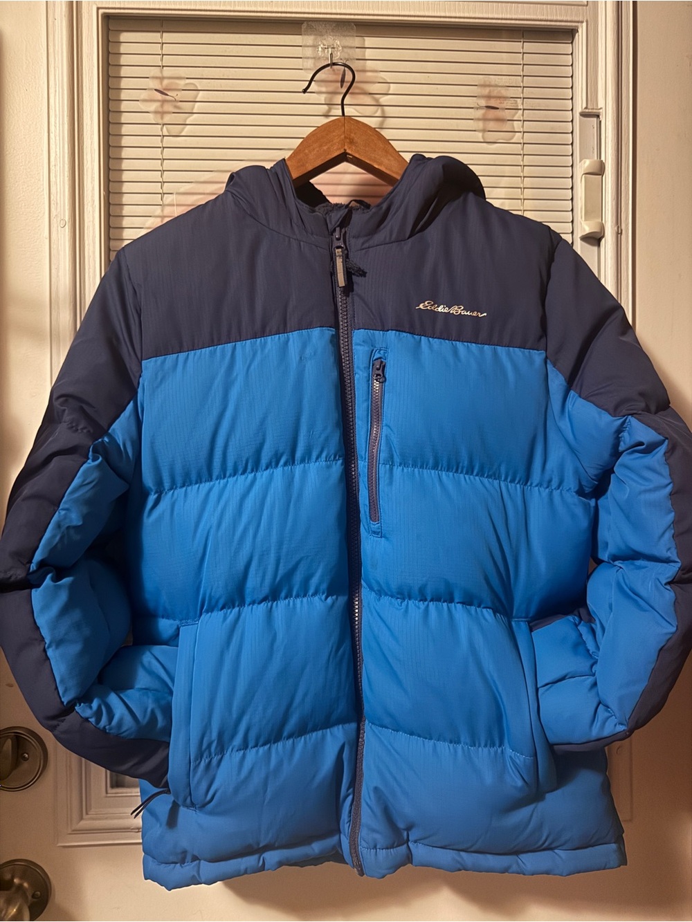 Eddie Bauer Men’s Two-Tone Blue Hooded Puffer Jacket